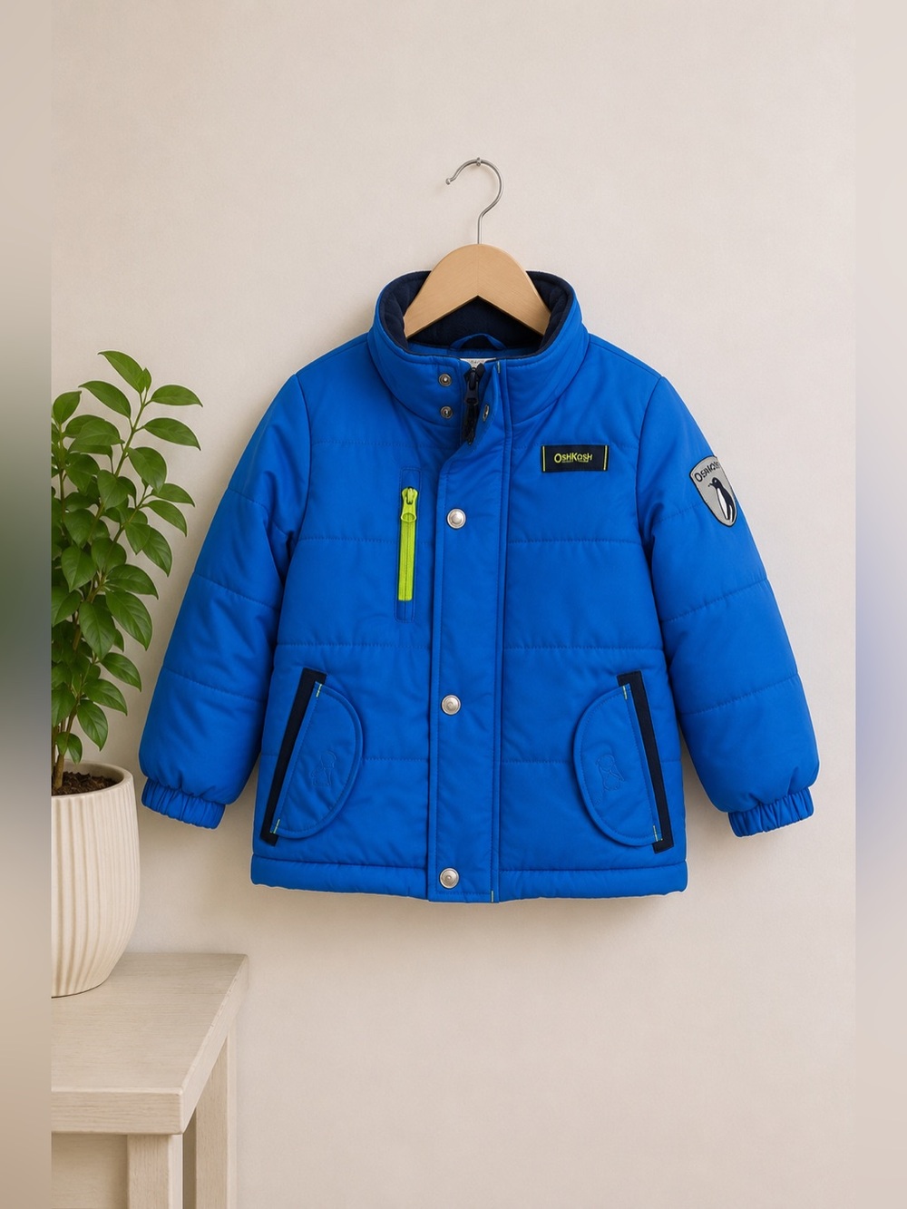 OshKosh B'gosh Toddler Winter Puffer Jacket Bright‎ Blue Penguin Patch Sz 24M